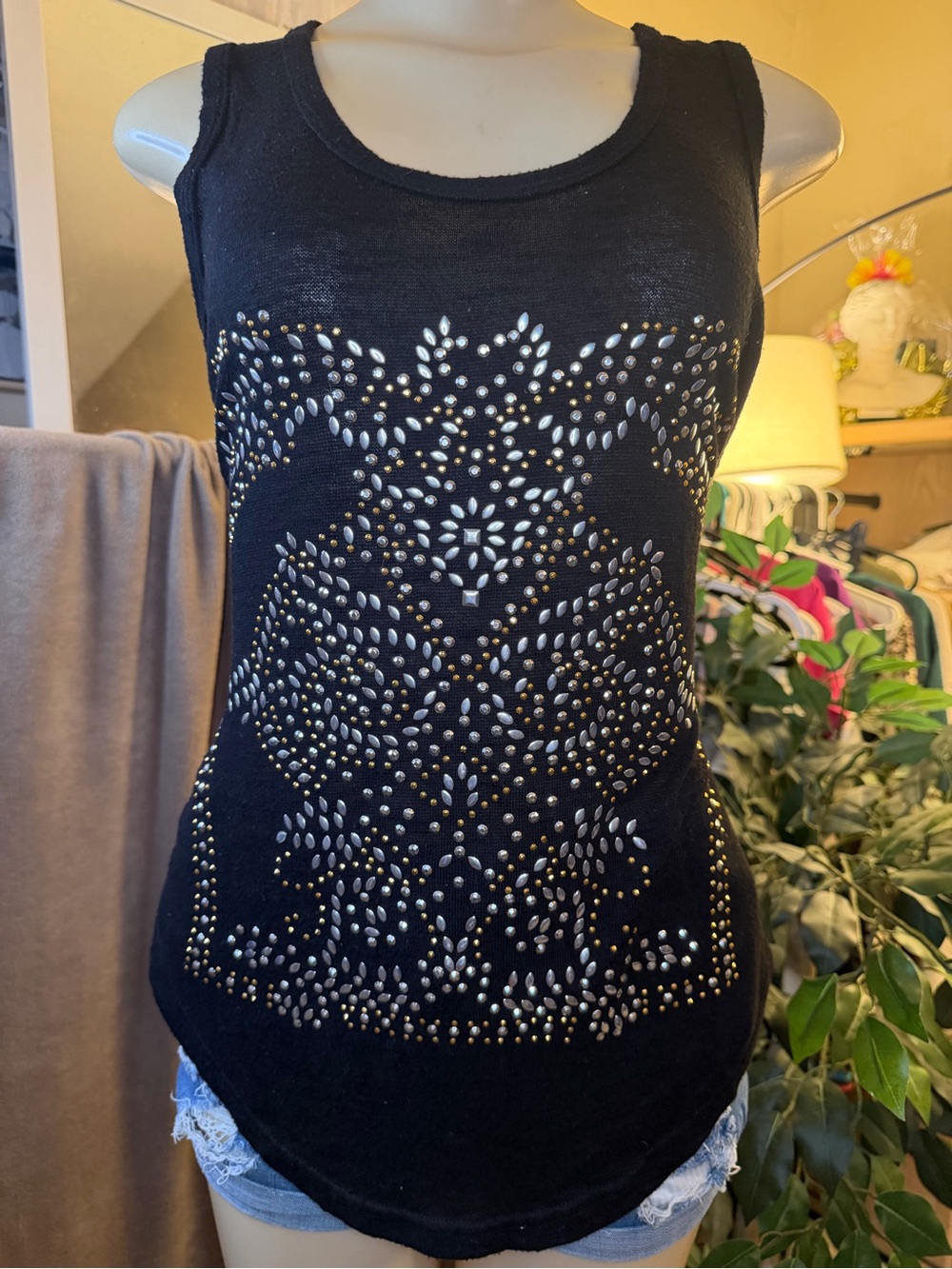 MADRAG Black Rhinestone Embellished Racerback Tank Top Size L - Picture 2 of 8